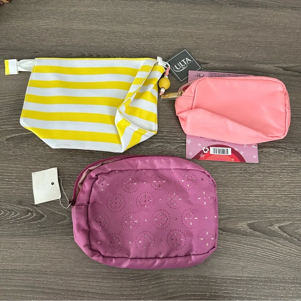 Ulta Sephora Makeup Travel Cosmetic Bag Lot Three Pink Yellow Stripe Lasercut